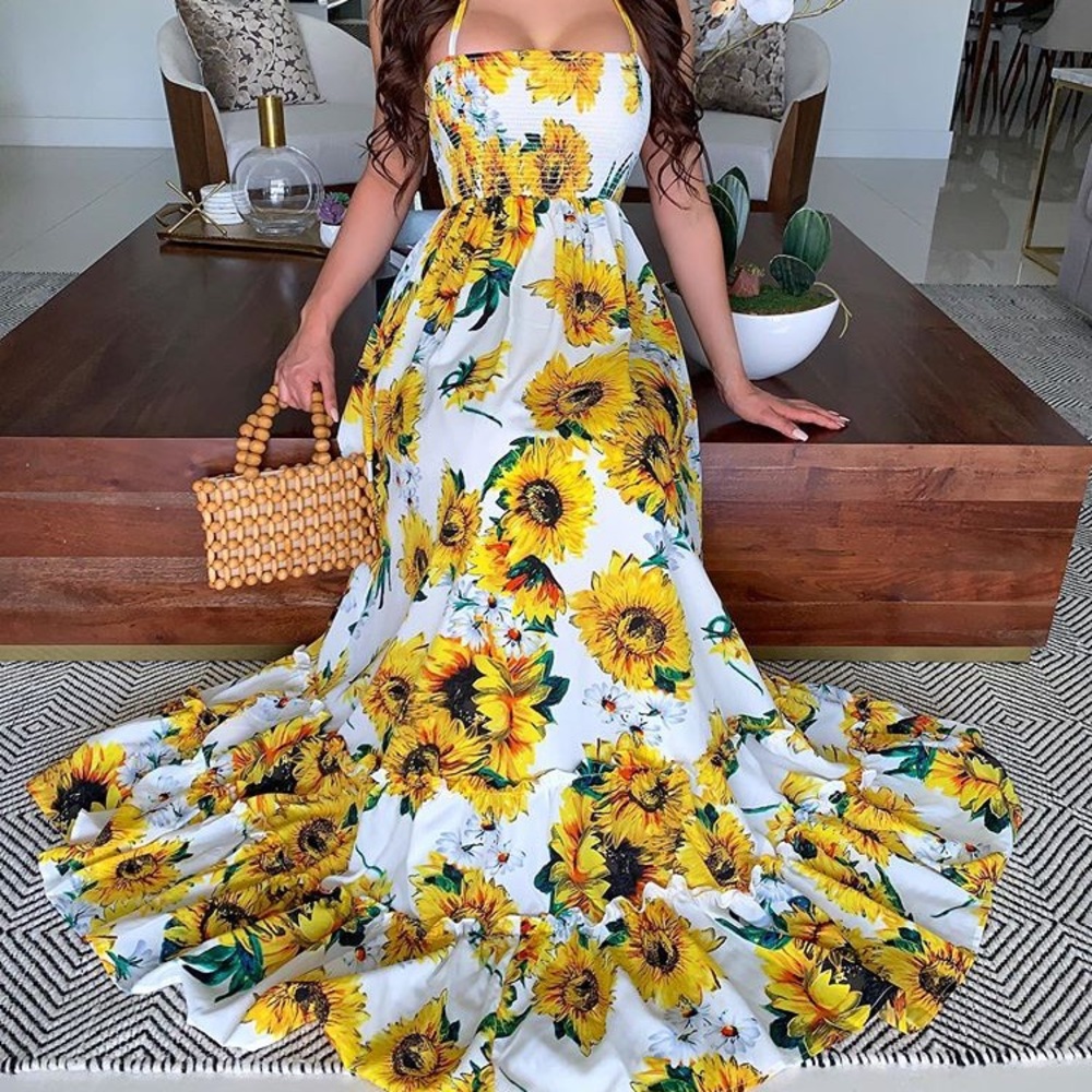 Sunflower boho maxi dress halter top open back